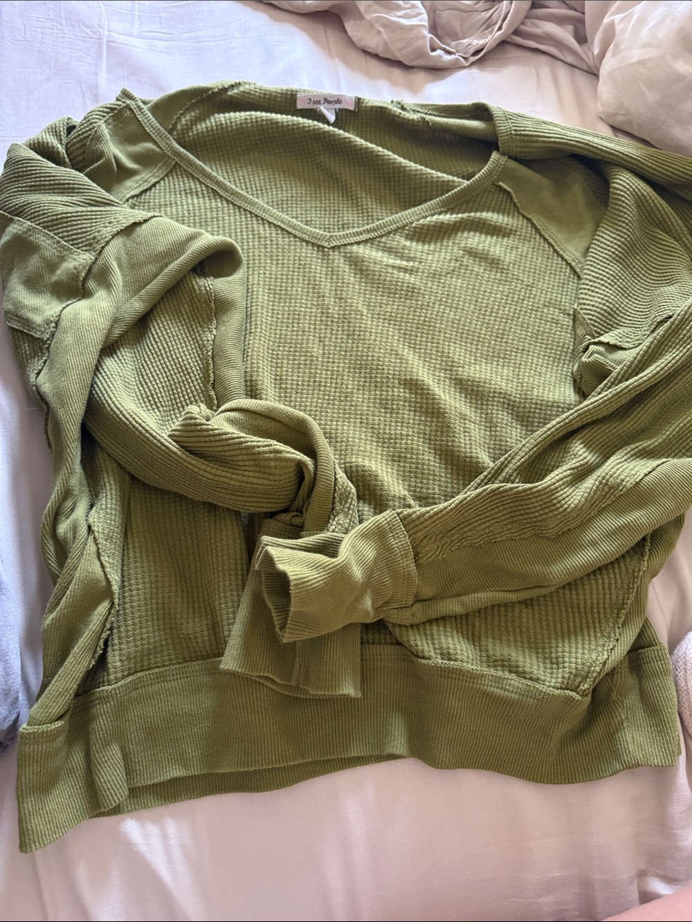 Free People Olive V-Neck Waffle Knit Pullover